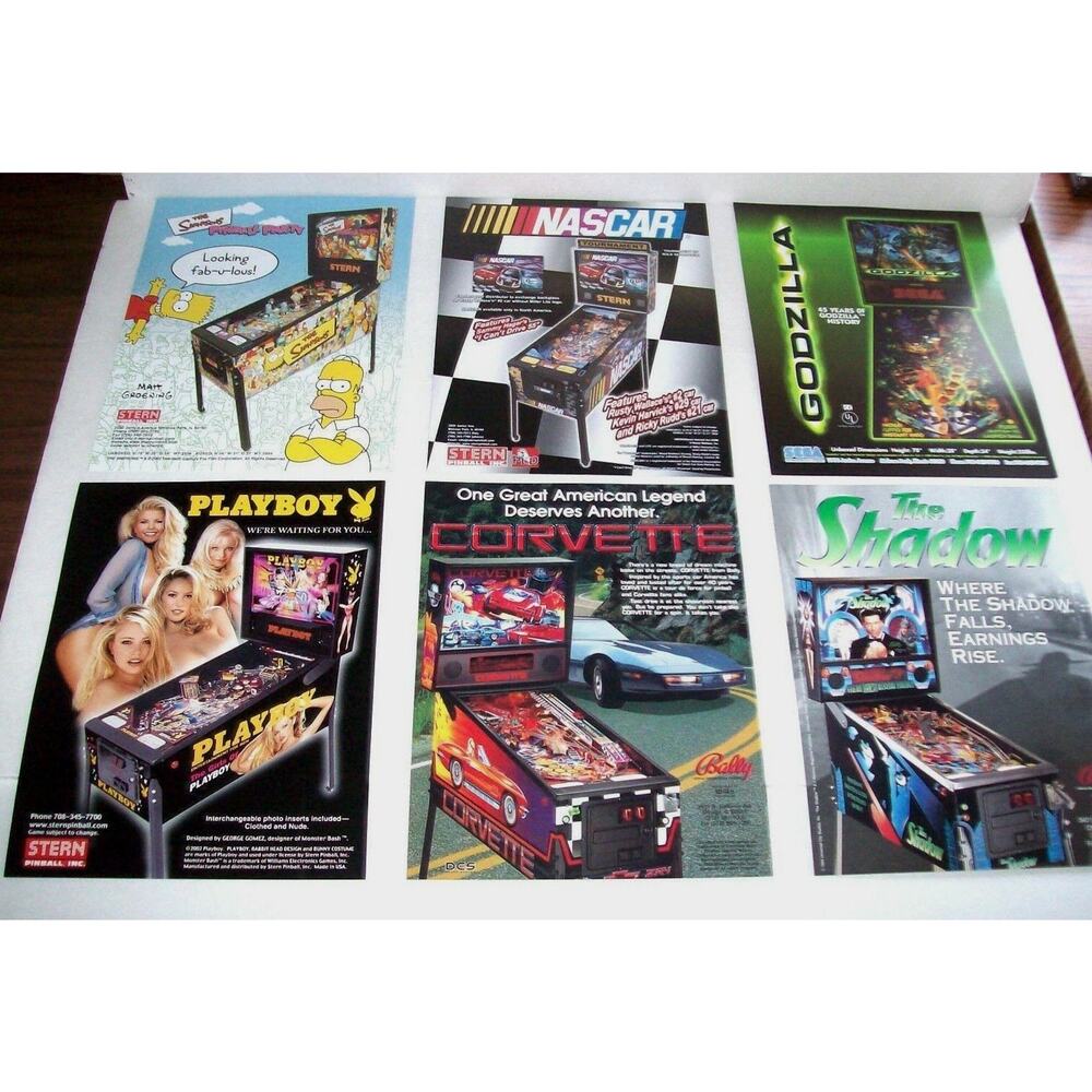 6 Pinball Flyers Playboy Simpsons Shadow Corvette Godzilla Nascar NOS set #3